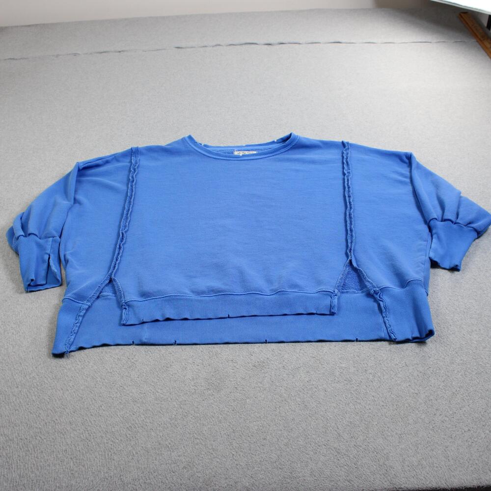 We The Free Sweatshirt Women Small Blue Crop Raw Seam Terry Oversized Coast Boho